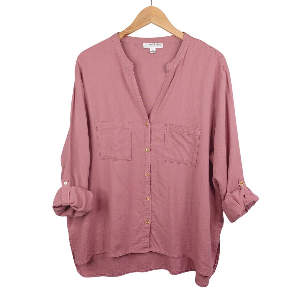 Anne‎ Klein Women's Cammie Linen Blend Button Up Shirt XL Pink Roll Tab Sleeve